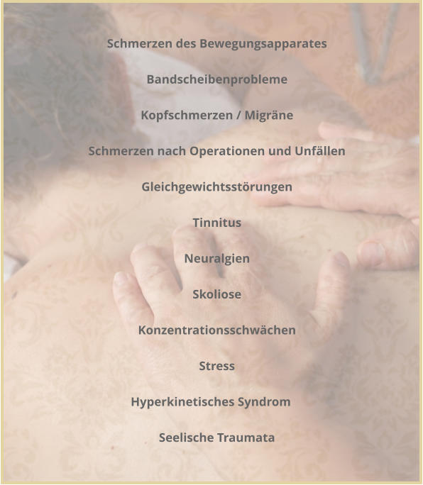 Schmerzen des Bewegungsapparates      Bandscheibenprobleme      Kopfschmerzen / Migrne      Schmerzen nach Operationen und Unfllen      Gleichgewichtsstrungen      Tinnitus      Neuralgien      Skoliose      Konzentrationsschwchen      Stress      Hyperkinetisches Syndrom      Seelische Traumata